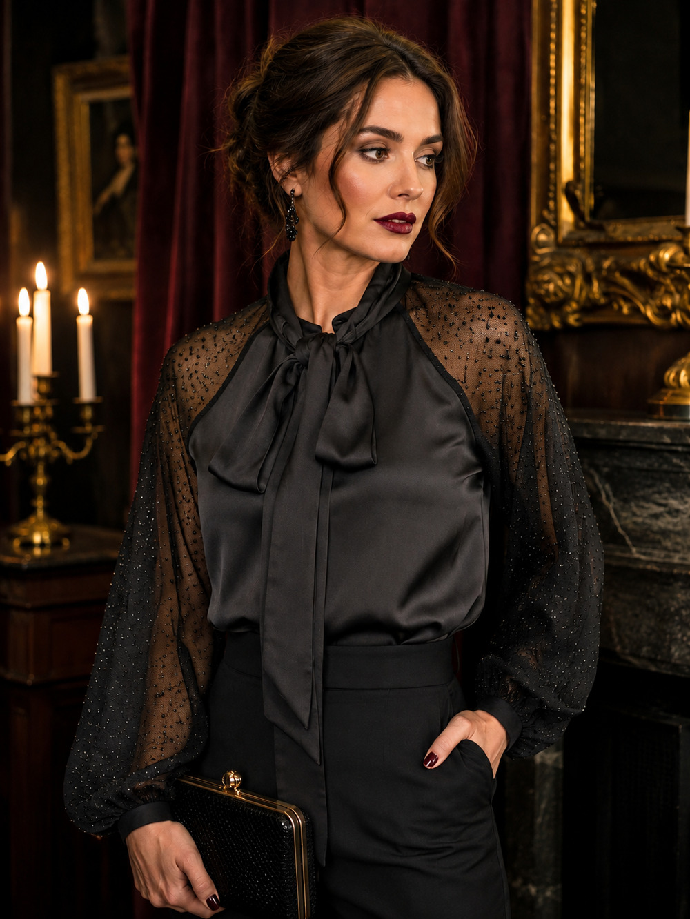Dark feminine beaded puffy sheer sleeve satin Strut&Bolt blouse Sz small party